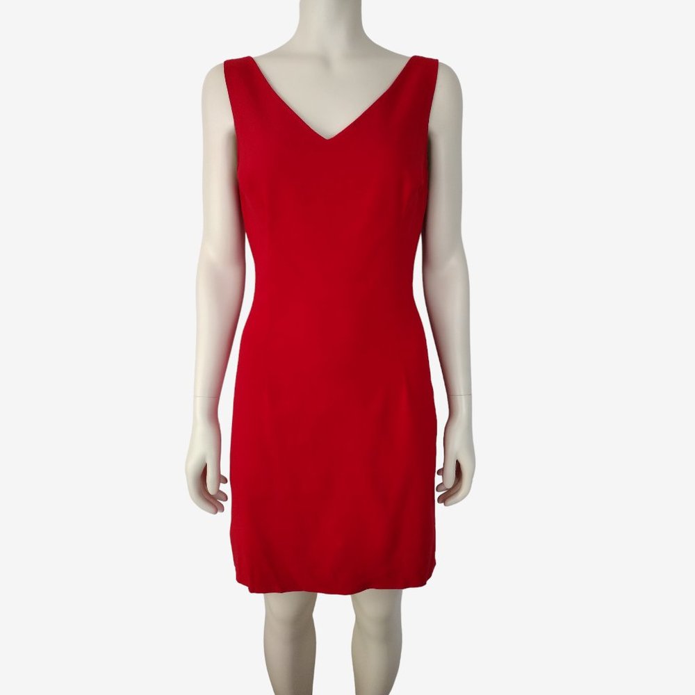 Vintage 1990s Red Sleeveless V Neck Tailored Sheath Dress Size M / L